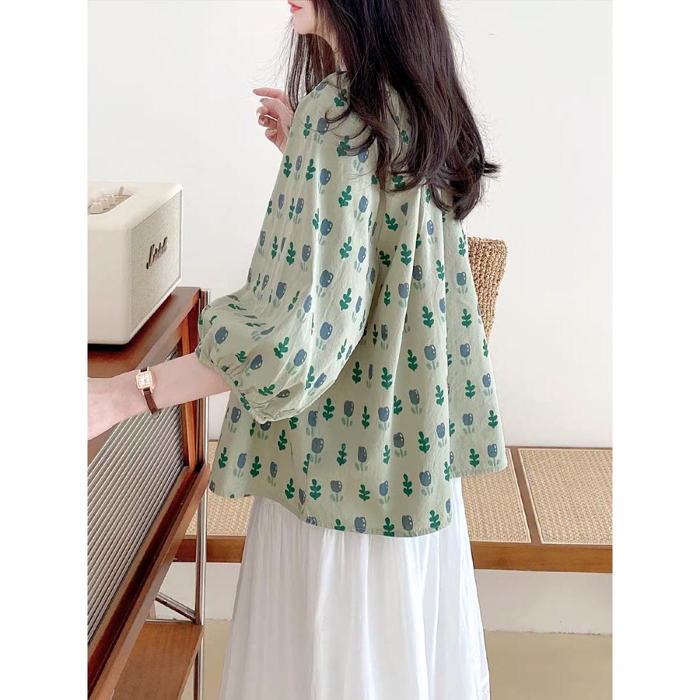Baby Shirt Top for Women's Summer New French Sweet One-length Pullover Tulip Floral Cotton Shirt