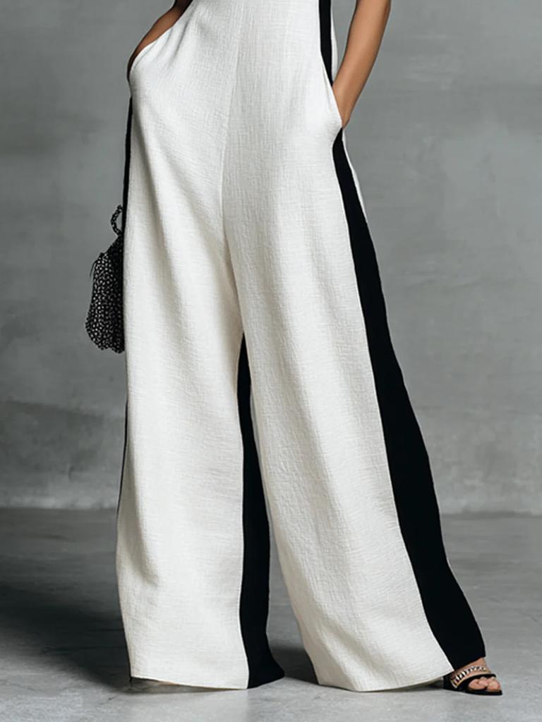Women's Fashion Black and White Cotton Linen Color Block Spaghetti Strap Jumpsuit