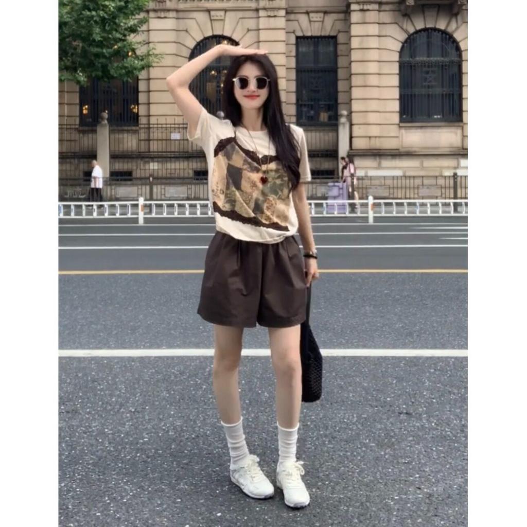 Korean chic chic fake two-piece front shoulder short-sleeved T-shirt for women's summer unique beautiful and good-looking slim top