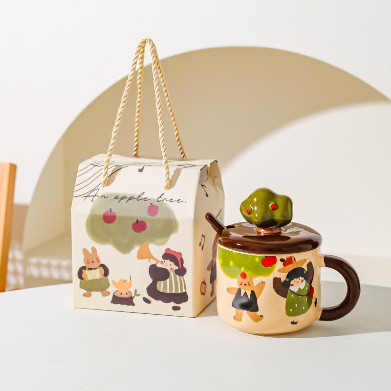 Apple Tree Girl Ceramic Vintage High Value With Lid Spoon Office Water Cup Coffee Cup Breakfast Cup