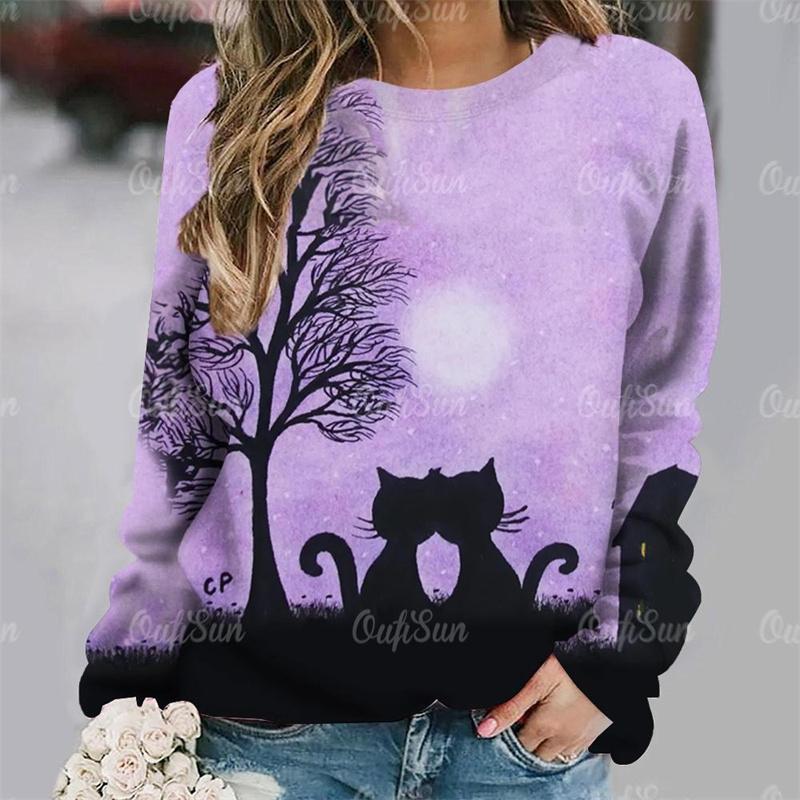 

Cute and interesting pet cat pattern T-shirt with neutral round neck long sleeves XS