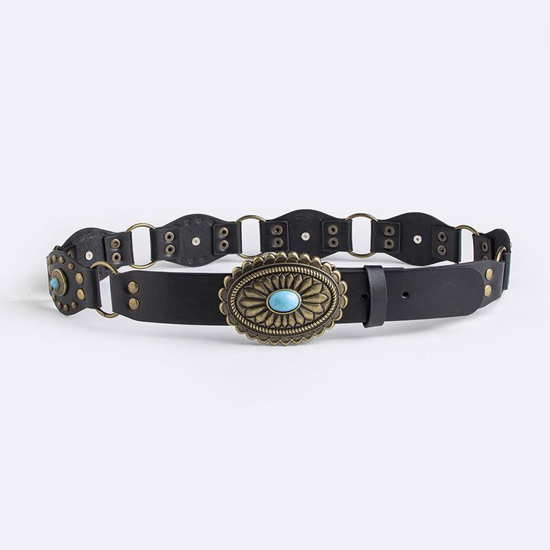 Vintage Western Style Leather Belt With Artificial Turquoise Embellishments For Boho Women Black