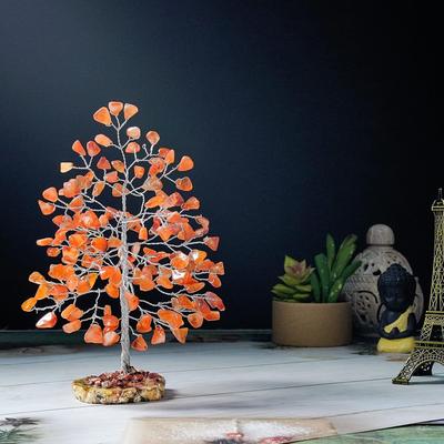 Carnelian Chakra Tree of Life - Crystal Tree, Geode Agate Slice Base, Handmade Gems Tree - Feng Shui Decor,