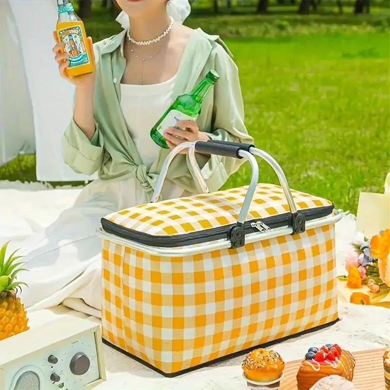 Outdoor Picnic Basket Large Capacity Foldable with Aluminum Foil and Metal Frame Essential Thermal Insulation Camping Lunch Bag