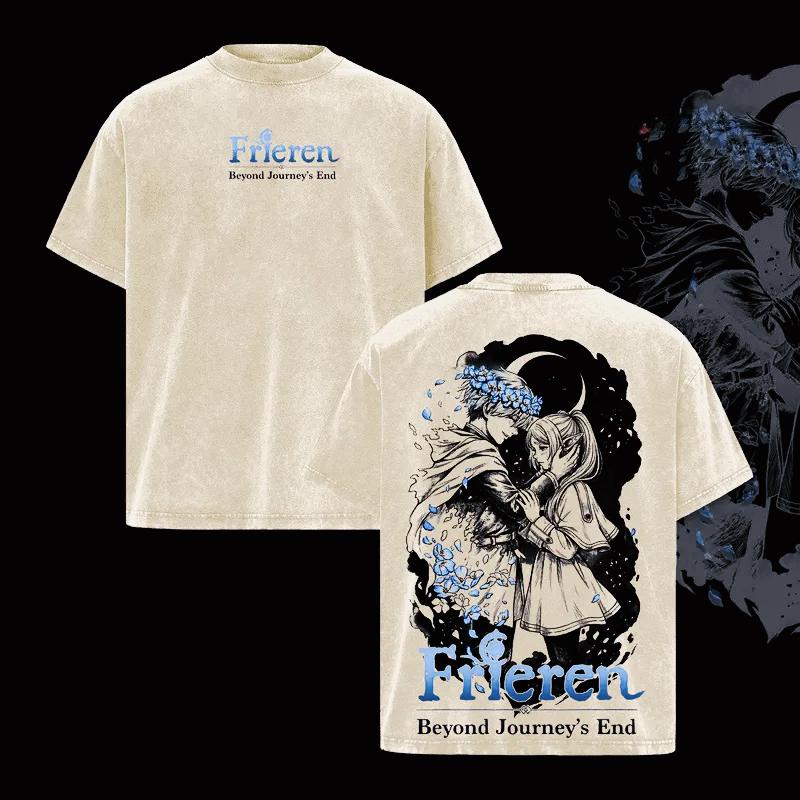 Anime Frieren Beyond Journey s End T-shirt Washed Casual Oversized T Shirt Men Women Clothing Short Sleeve Cotton Tees Tops XXL бежевый 1590₽