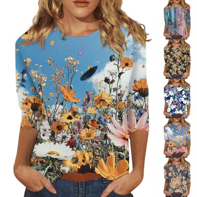 Women's Fashion Casual Three-quarter Sleeve Floral Print Round Neck Top