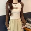 Women Autumn Winter Raglan Sleeve T Shirt American Style Contrast Stitching Hot Girl Cropped Short Top
