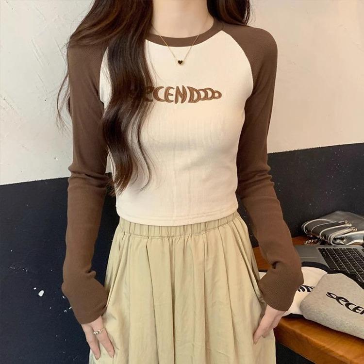 Women Autumn Winter Raglan Sleeve T Shirt American Style Contrast Stitching Hot Girl Cropped Short Top