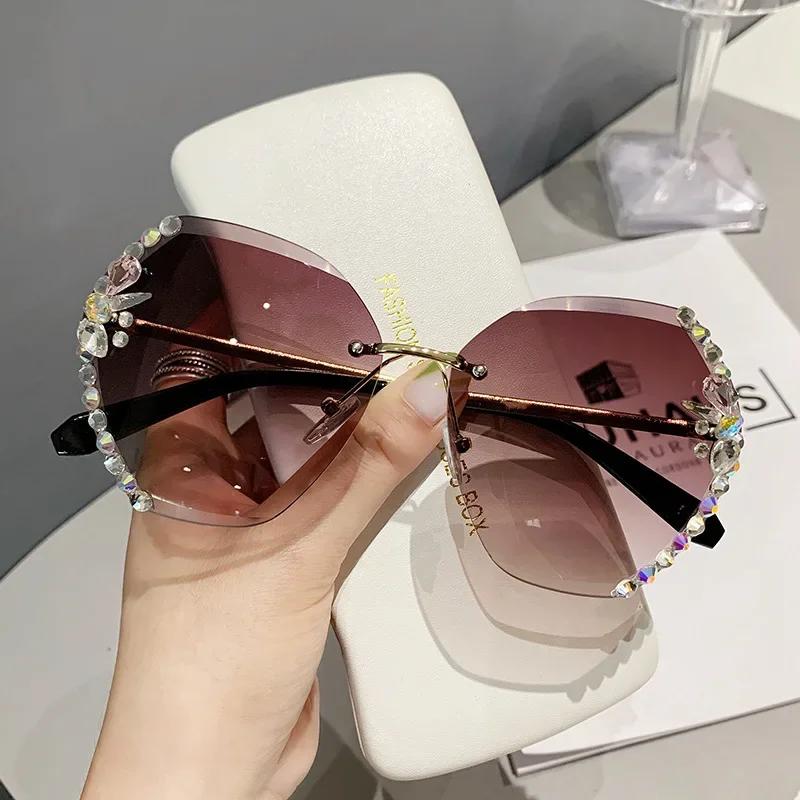Unisex Oversized Outdor Sunglasses Women Luxury Rimless Diamond Eyewear Shades Large Round Frame UV400 Sun Glasses for Female