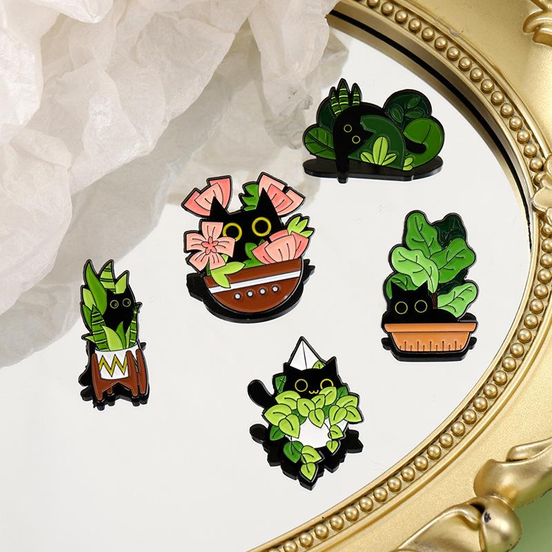 Cute Cat Black Brooch Set With Delightful Floral And Plant Motifs Perfect For Fall Fashion