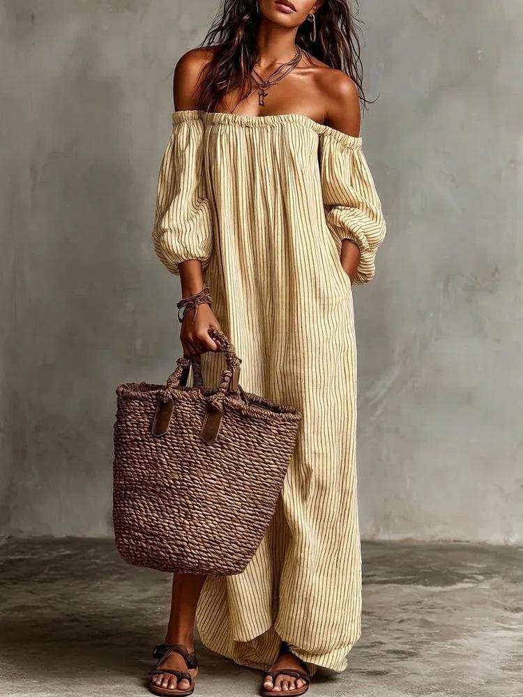 Disponibile 2026: Nuovo Vestito Donna a Righe Off-the-Shoulder Stile Europeo & Americano per Vacanze Primaverili & Estive