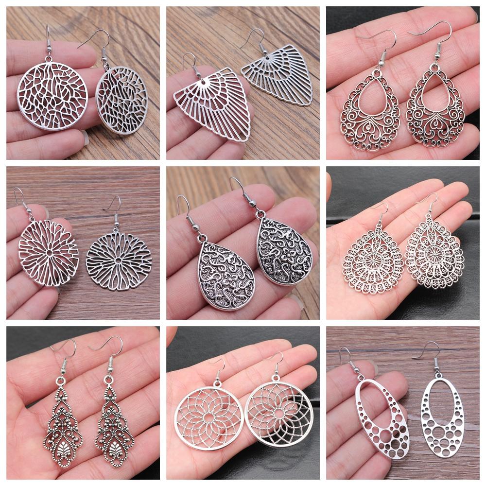 38 Styles Women Ethnic Style Jewelry Earrings Bohemia Carved Round Oval Waterdrop Flower Pattern Dangle Earrings Drop Earrings