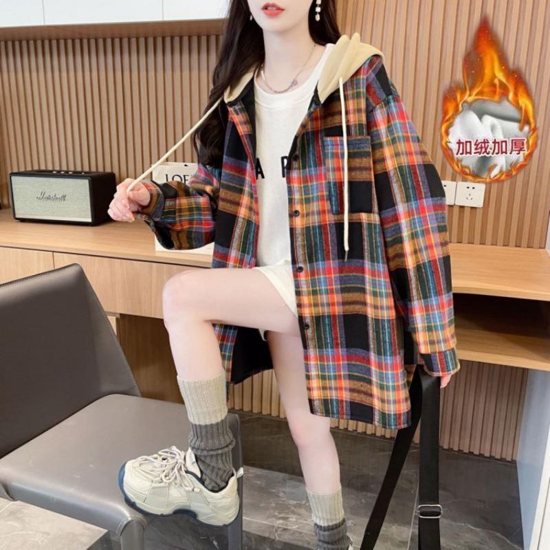 Autumn Winter Vintage Plaid Printing Patchwork Hooded Shirt Women Long Sleeve Loose Casual Cardigan Blouse Top