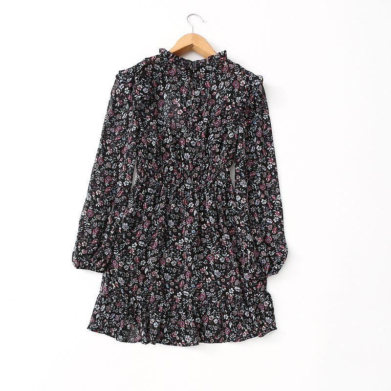 Foreign Trade Export Waist Hugging Slimming Elegant Stand Collar Retro Small Floral Long sleeve Chiffon Dress Two-piece Set Spring and Autumn