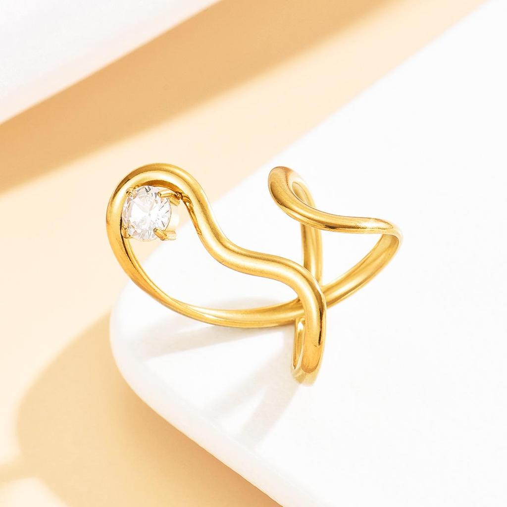Elegant Geometric Stainless Steel Ring with Colored Zircon Inlay for Women