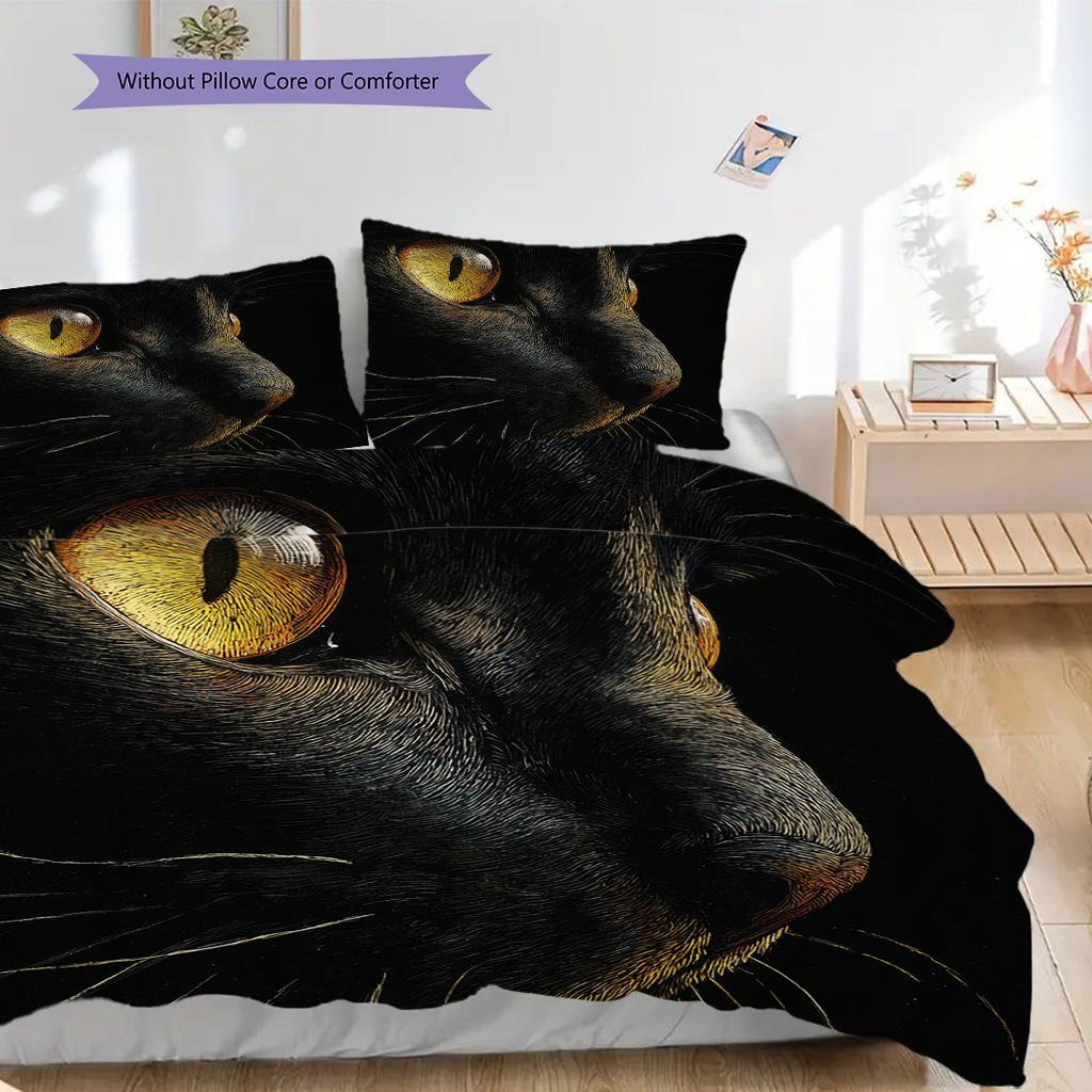 Black Cat Pattern Bedding Quilt Set Quilt Cover Pillowcase Home Decoration Birthday Gift (1 * Duvet Cover + 2 * Pillowcase, Without Core)