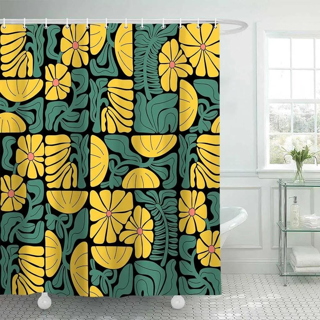Retro Kwiat Roślina Geometryczna Estetyka Zasłona Prysznicowa Dekoracja Łazienki Abstrakcyjna Kolorowa Kwiatowa Zasłona Prysznicowa 180x180cm