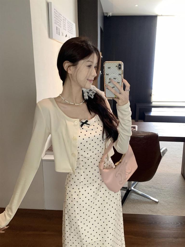 Elegant Korean Polka Dot Cami Dress With Ribbon Bow For Spring Casual Wear