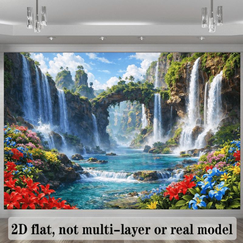 2D planar natural landscape banner background featuring mountains and waterfalls as the main theme with multiple waterfalls