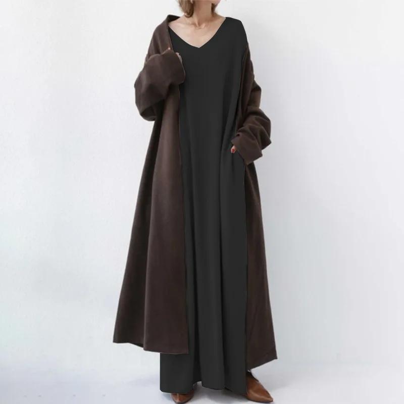 Fashionable Knitted Long Sleeve V-Neck Dress Casual Women's Maxi Dress Rabbit Fur Material Loose Waist Ankle-Length Skirt