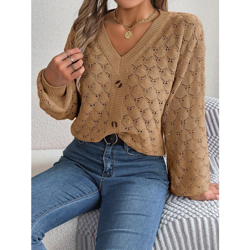 Autumn and winter casual V-neck button hollow lantern sleeve pullover sweater, elegant casual gray temperament ladies long-sleeved knitted sweater