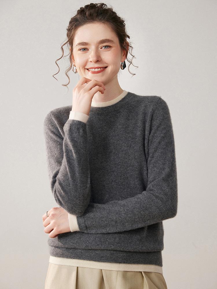 Women's Stylish Color-Block Cashmere Round-Neck Slimming Sweater - Versatile Two-Piece Look