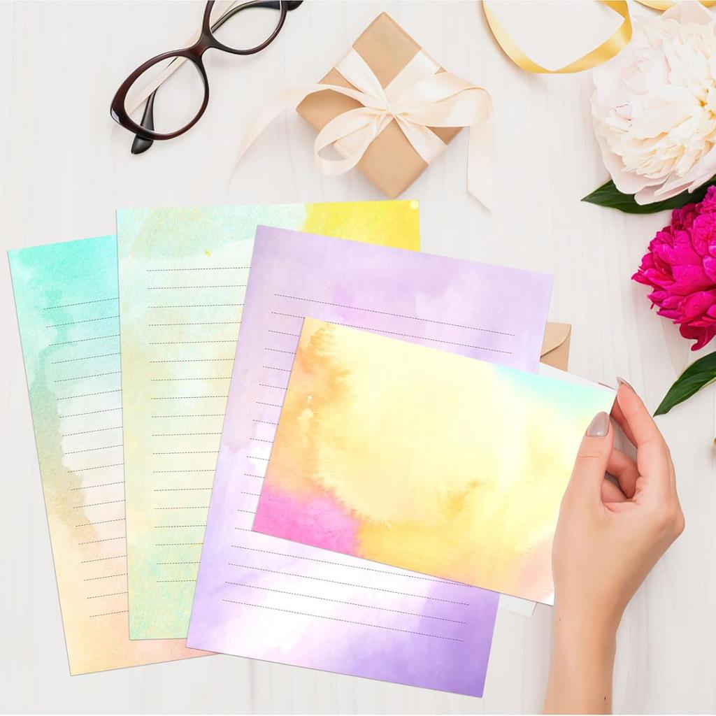 Watercolor Stationary Paper and Envelopes Set, 24 PCS Colorful Writing Stationery Paper with 12 PCS Envelopes,Pretty Watercolor Styles Stationery