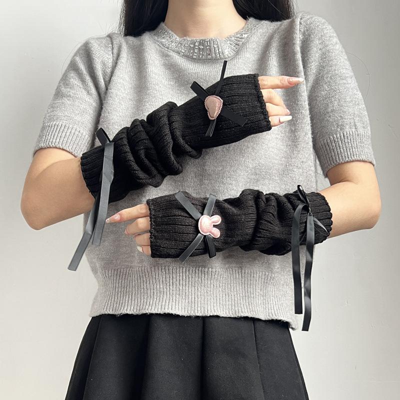 Student Kawaii Knitted Arm Cover Sweet Breathable Lolita Bow Decoration Long Pile Hand Sleeve Fingerless Gloves