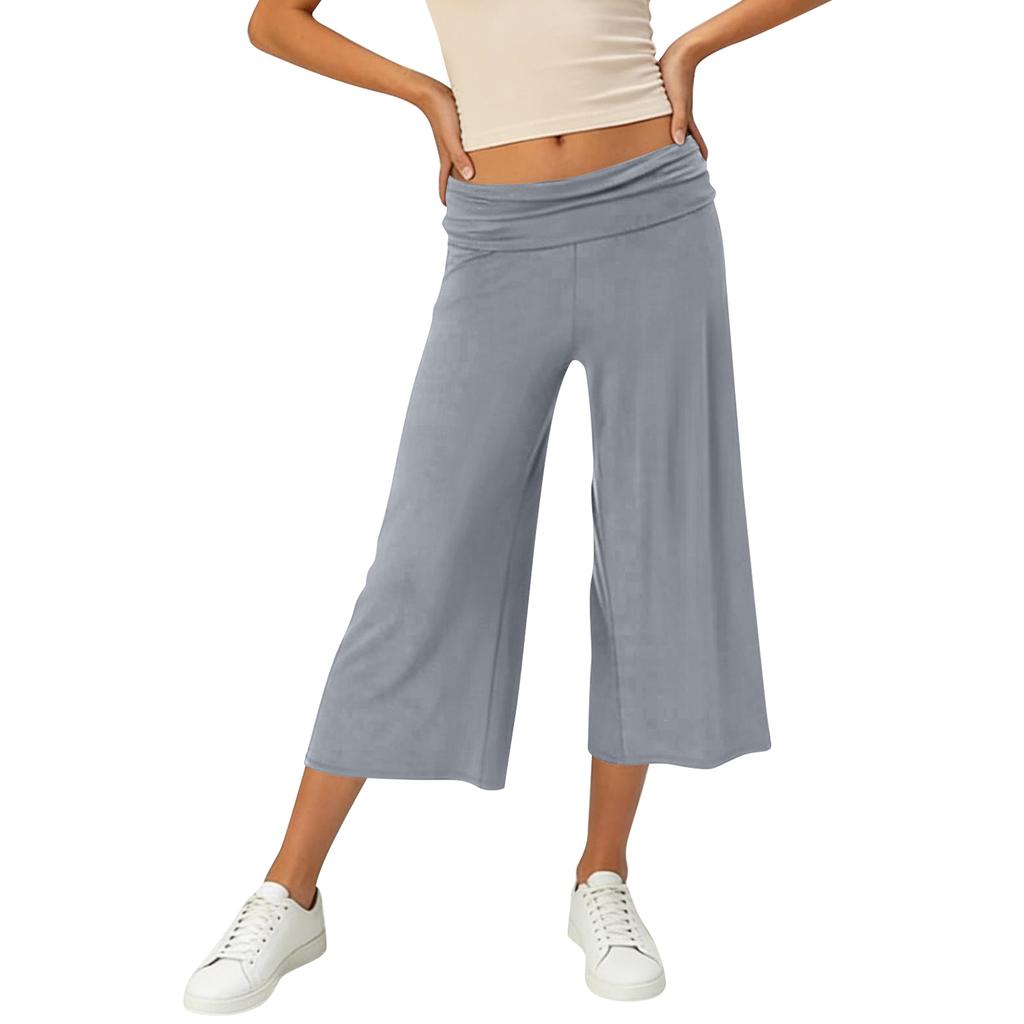 Women Elastic High Waist 3/4 Pant Casual Fit Wide Capris Leg Pants Trousers With Pockets