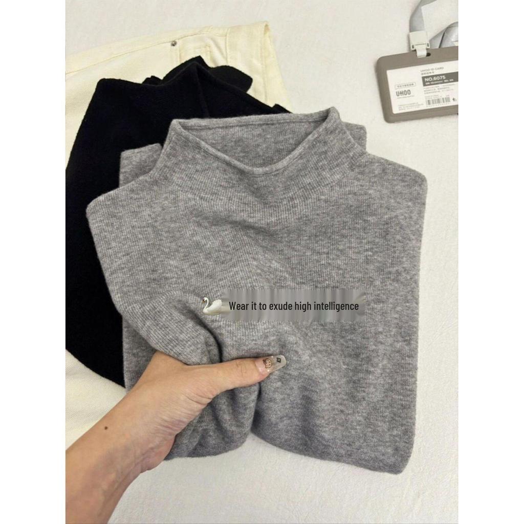 Creamy Fufu Women's Soft Stand-Up Collar Long-Sleeve Top, Autumn/Winter, Grandma Gray Sweater