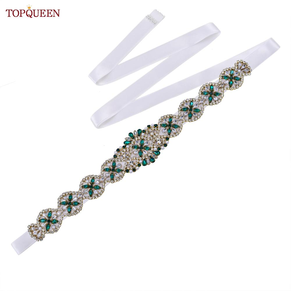TOPQUEEN S161-KL Neuer Brautgürtel für Hochzeitskleider für Frauen in Gold, handgefertigt, Luxus-Schärpe, Zubehör für das tägliche Partykleid, grüner Strass