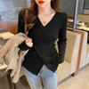 Women's V Neck Cross Wrap Knit Sweater Long Sleeve Slim Fitted Basic Knitwear Inner Top