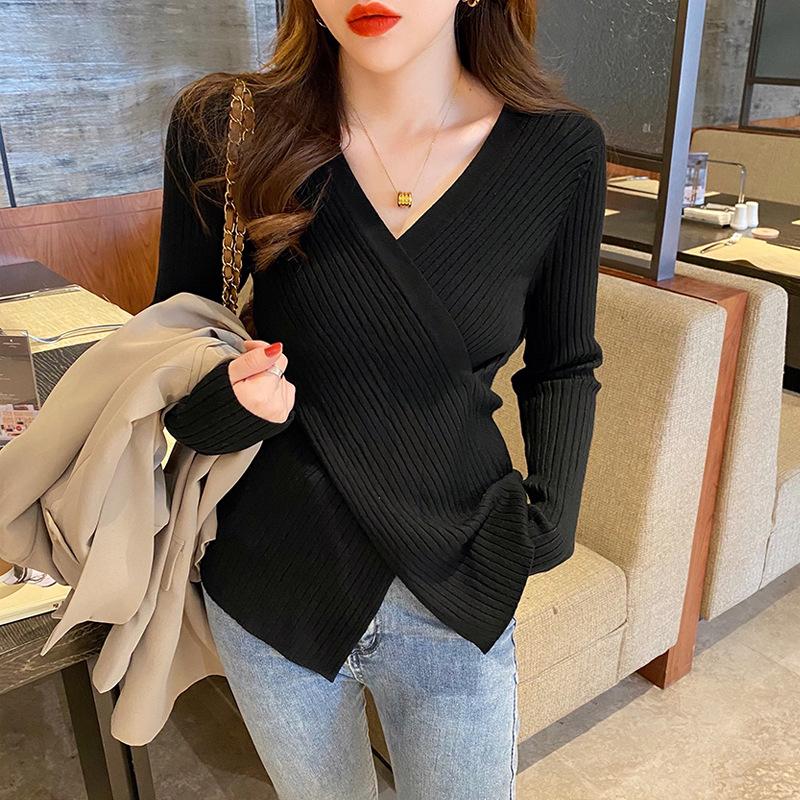 Women's V Neck Cross Wrap Knit Sweater Long Sleeve Slim Fitted Basic Knitwear Inner Top