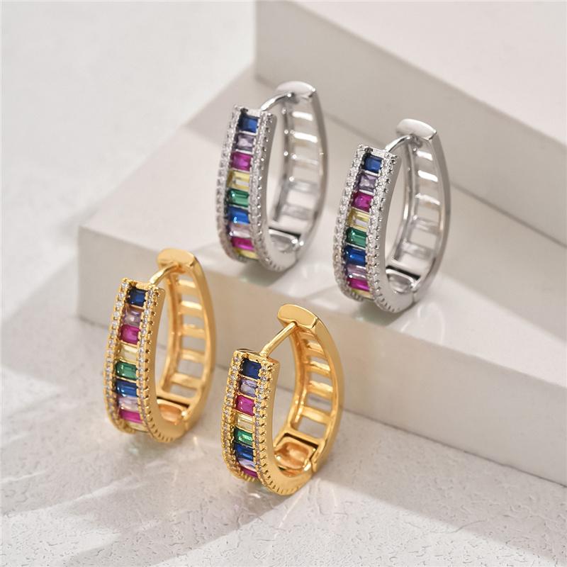 Vintage Rainbow Zircon Stone Geometric Hoop Earrings For Women Fashion Gold Color Wedding Jewelry