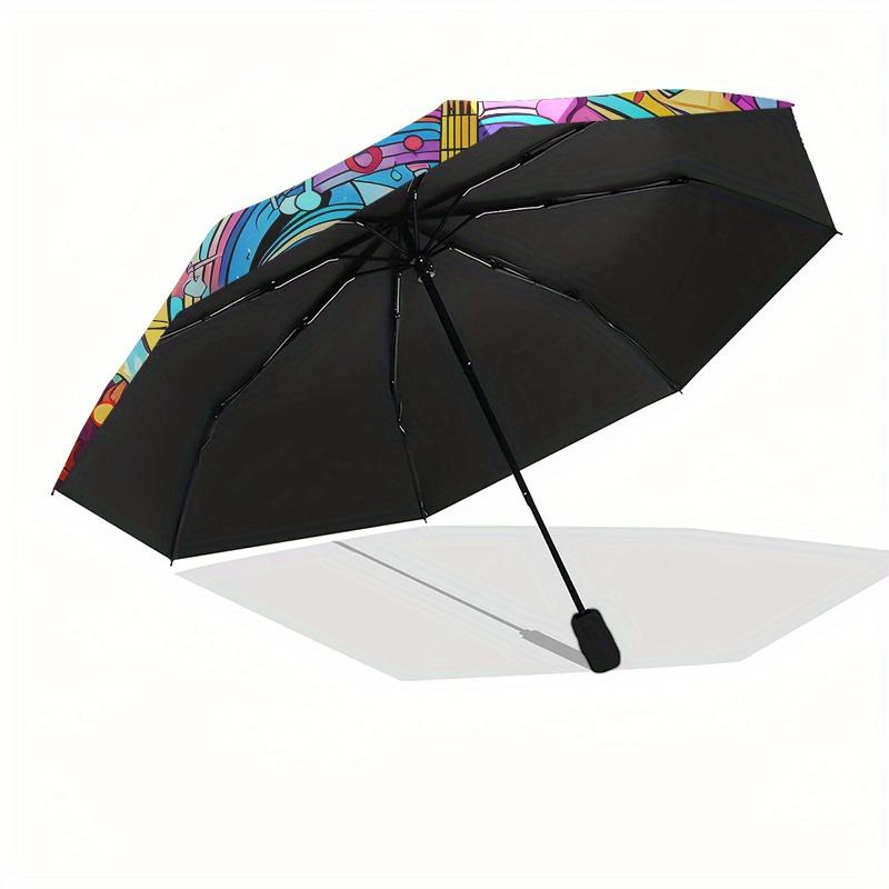Guitar Art Automatic folding umbrella simple eight rib design, bright color pattern, durable iron frame, ideal for travel and outdoor, beac