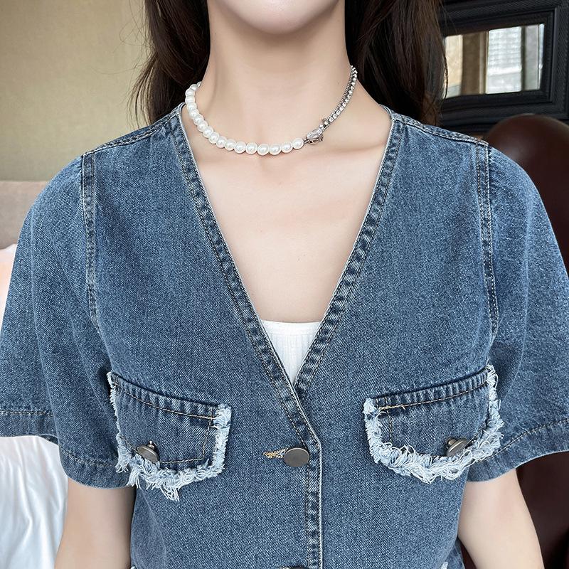 Sommer Damen locker V-Ausschnitt Jeansjacke - Kurzärmelig & Vielseitig