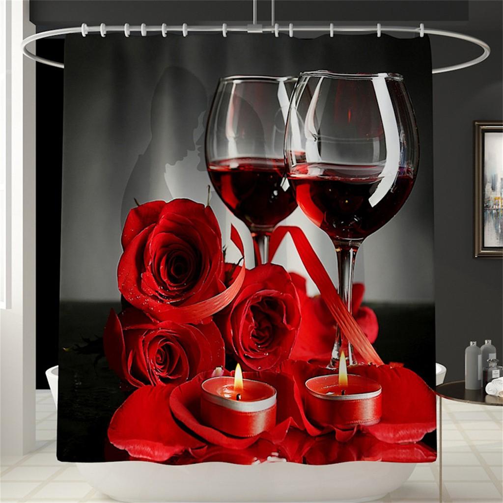 Waterproof Shower Curtain with Romantic Wine Glasses and Roses Print 180x180cm Bathroom Decor Fabric Shower Curtain