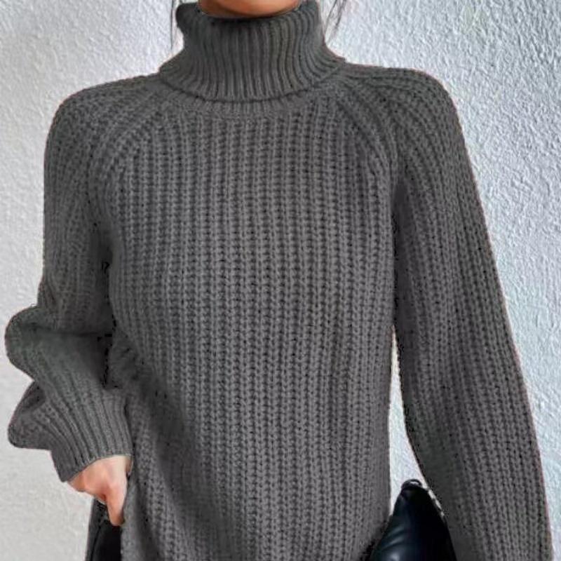 Autumn and Winter Fashion Knitwear Mid-length Raglan Sleeves High Lapel Split Sweater Women