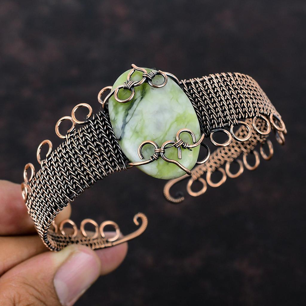 Green Aragonite Copper Bangle Copper Wire Wrapped Gemstone Jewelry Adjustable Cuff Handmade Jewelry Wire Wrapped Cuff Bracelet Gift For Her