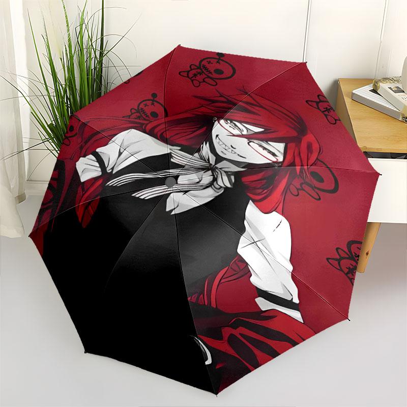 1 PC Automatic Folding Umbrella - Black Butler Pattern Portable Foldable Design With 8 Ribs Christmas Birthday Gifts