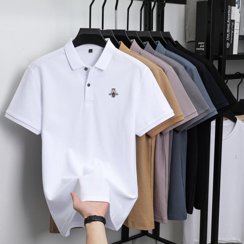 Summer Men's New Bee Embroidered Solid Color Mercerized Cotton Loose Moisture Wicking and Quick Drying Casual Polo Shirt