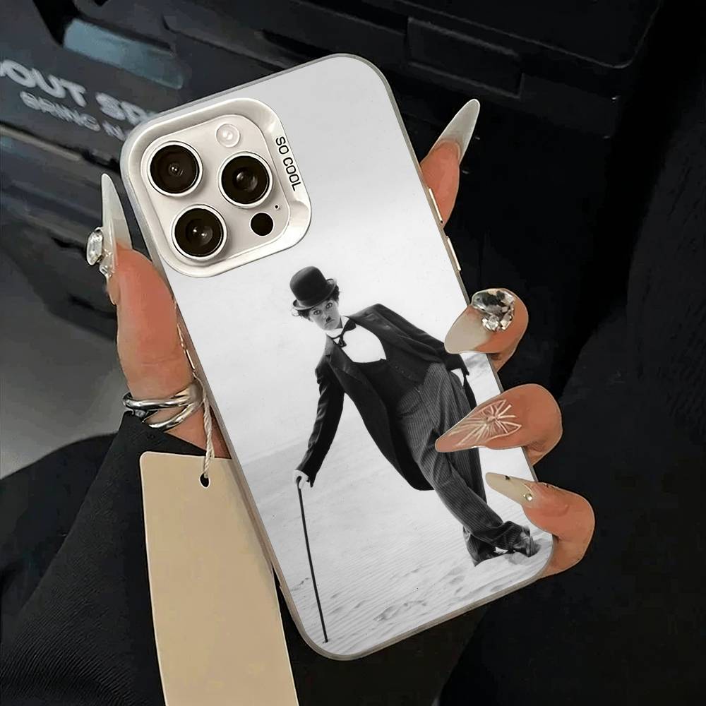 C-Charlie Chaplin Phone Case For iPhone 11 12 13 14 15 16Pro Max Plus white Sliver  Phone Cover