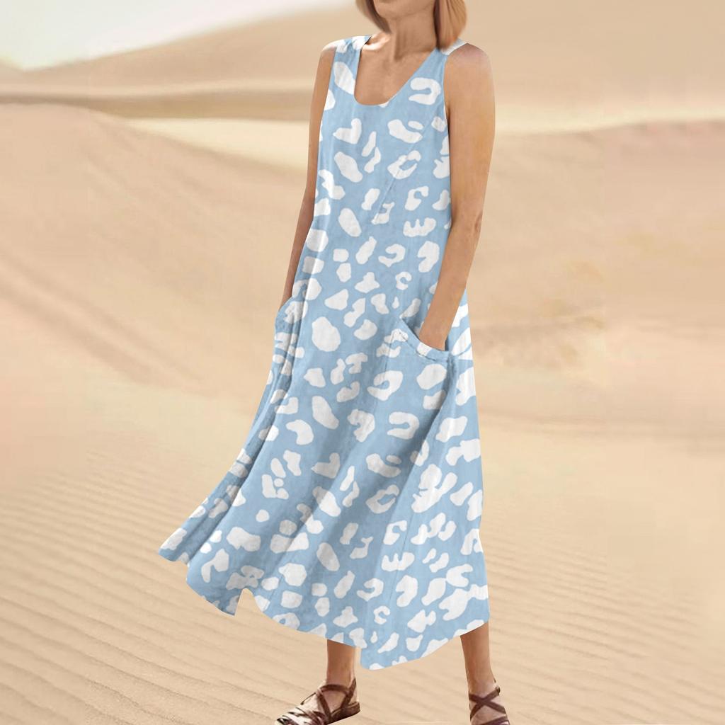 Women's Fashion Casual Solid Colour Sleeveless Cotton Linen Pocket Dress