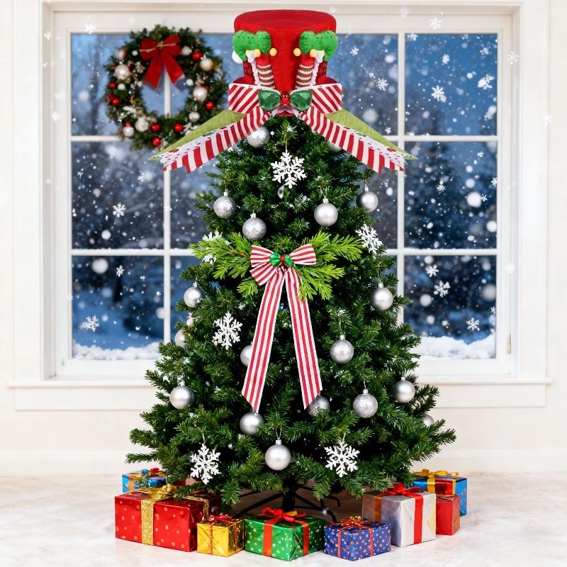 Christmas Tree Topper Hat with Red Green Foldable Bow Ribbon Vintage Holiday Home Decoration Durable Xmas Ornament with Red Bow