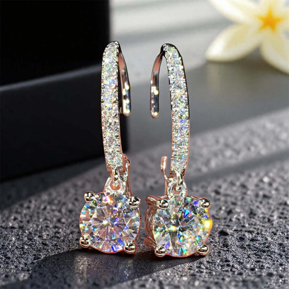 Small Round Stone Luxury Crystal Dangle Earrings For Women Vintage Silver Color White Zircon Drop Earring Trendy Wedding Jewelry