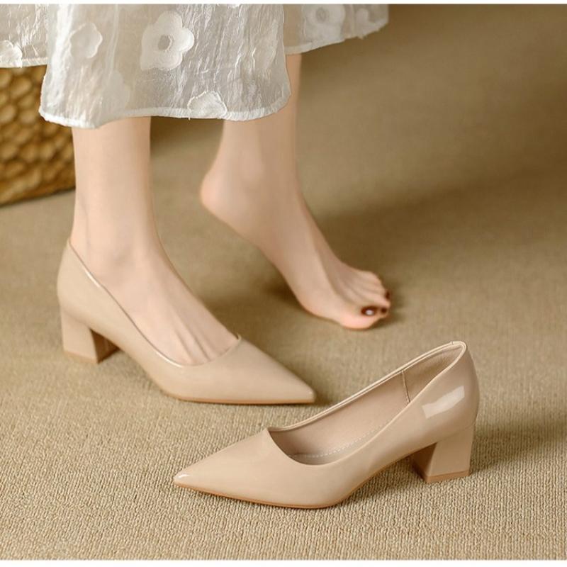 Fashion Square Heel Patent Leather Shoes Women PumpsSole Work Pointed Toe