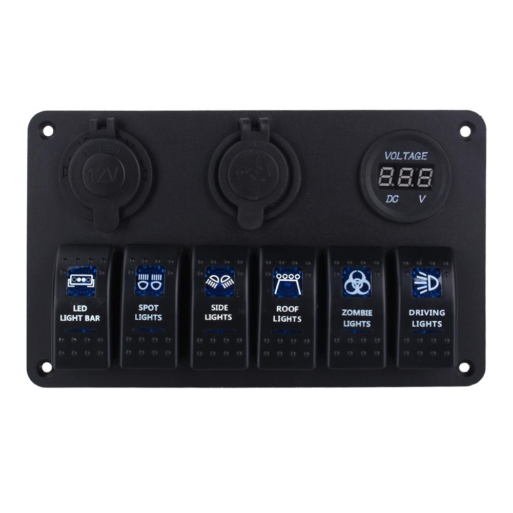 6 Way LED Car Boat Rocker Switch Panel   USB Socket   Cigarette Plug   Voltmeter