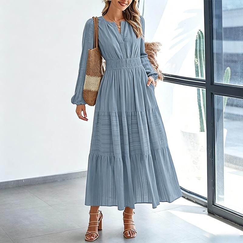 Abito Lungo da Donna con Scollo a V, Manica Lunga, a Strati, Vita Arricciata, Orlo a Volant, Abito Casual per Primavera ed Estate