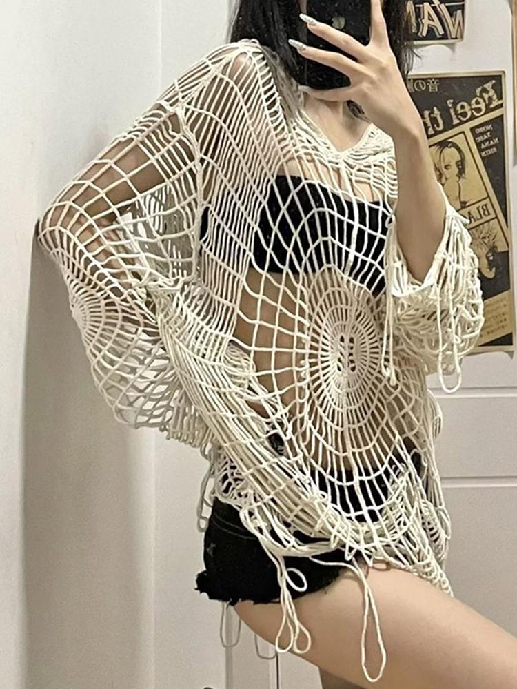 

Y2k Одяг Spider Web Hollow Hole Spice Girl Пуловер з капюшоном В’язаний топ светр Жіночі топи в корейському стилі L бежевий