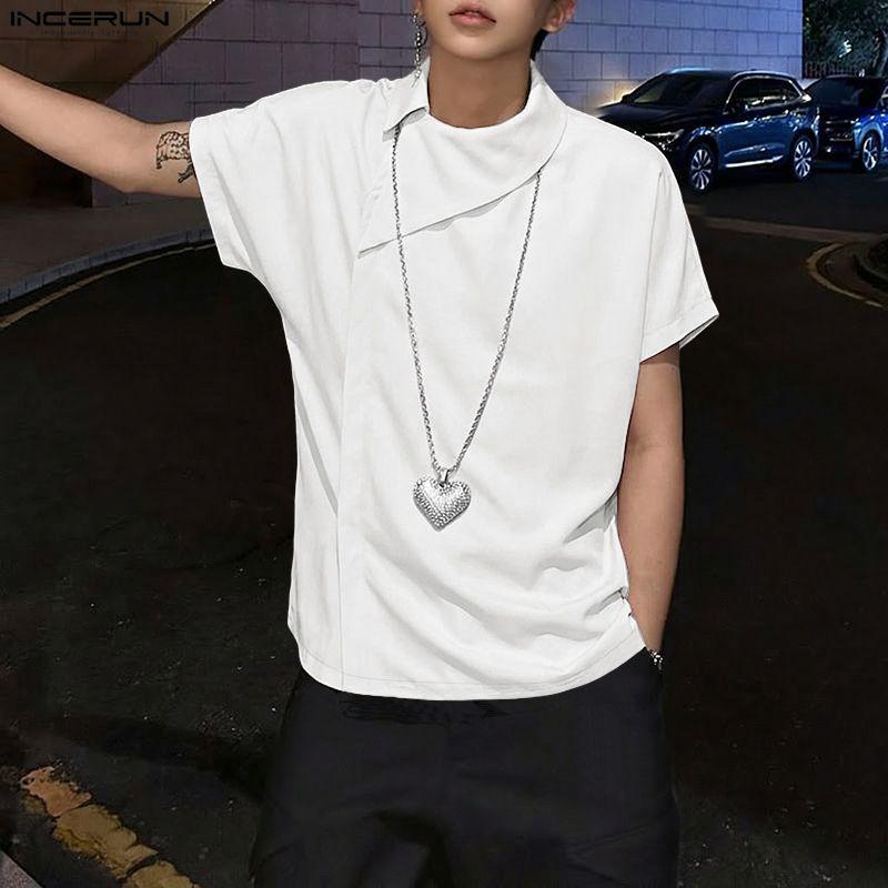 INCERUN Men Summer Lapel Neck Short Sleeve Side Buttons Casual Shirts Tops